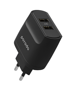 Porodo Blue DUAL PORT WALL CHARGER 2.4A 12W EU BLACK / PB-C12WEU-BK